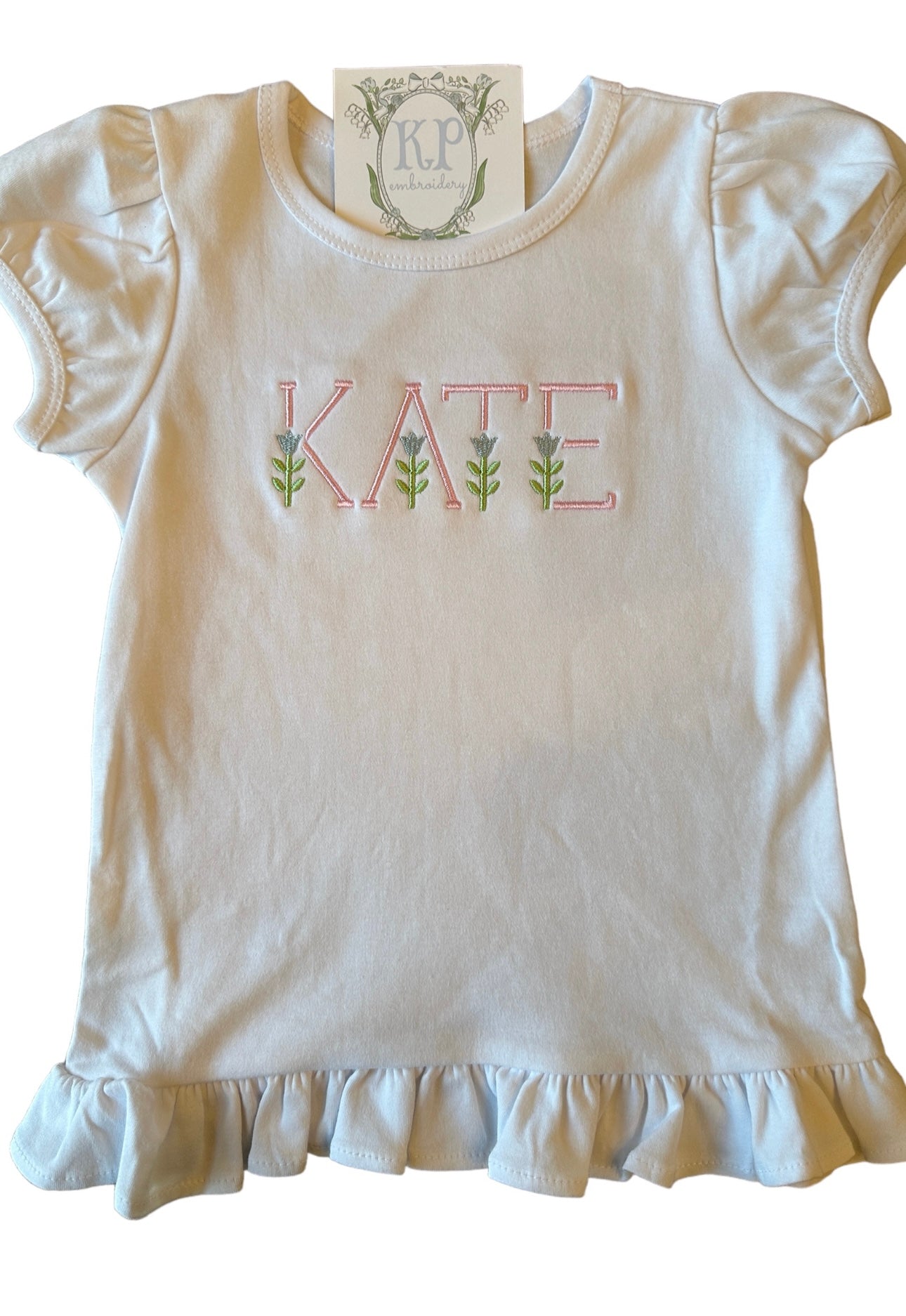 Girls Short Sleeve Ruffle T-Shirt W/ Floral Font