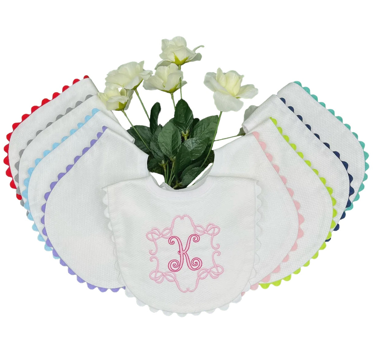 White Cotton Pique Infant Bib w/ Ric Rac Trim