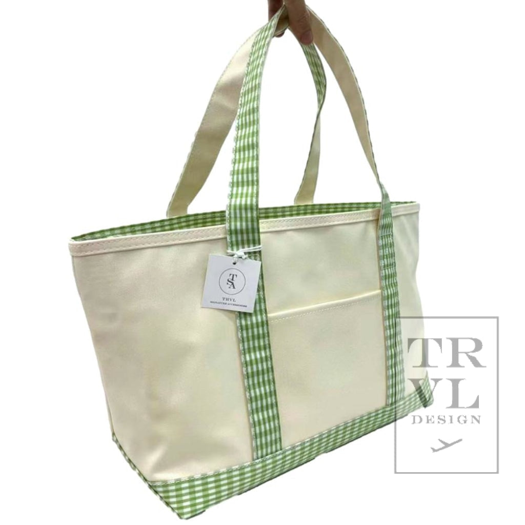 TRVL Medium Tote- Coated Canvas Gingham Leaf