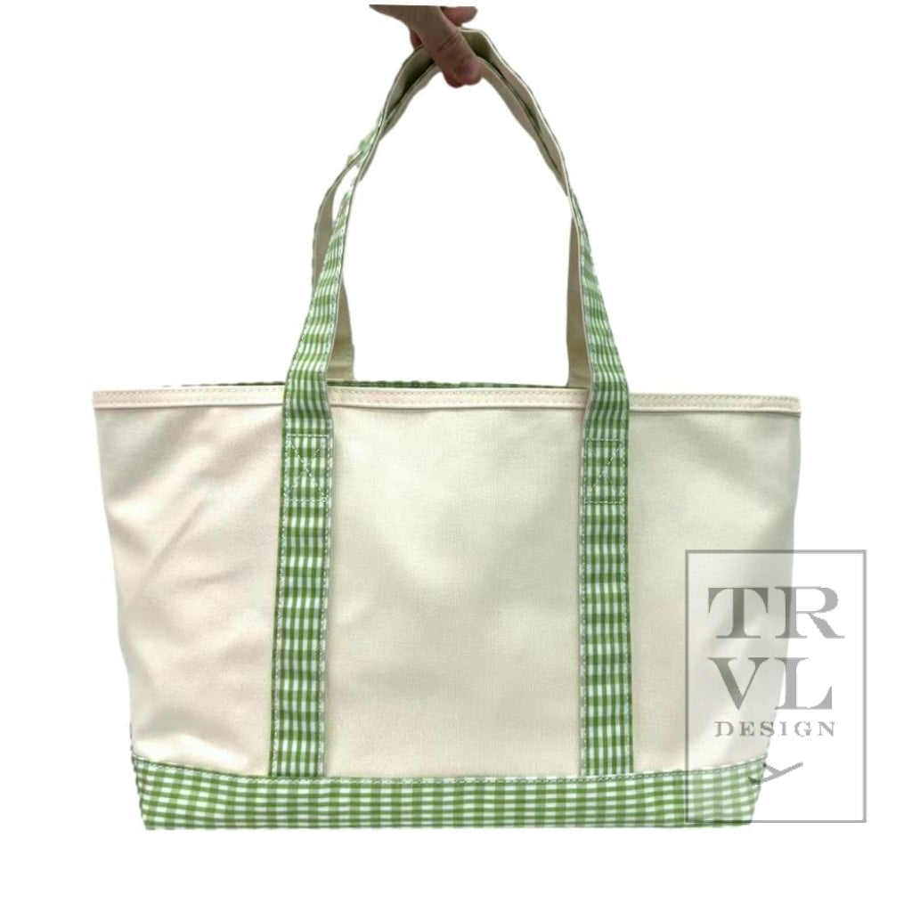 TRVL Medium Tote- Coated Canvas Gingham Leaf