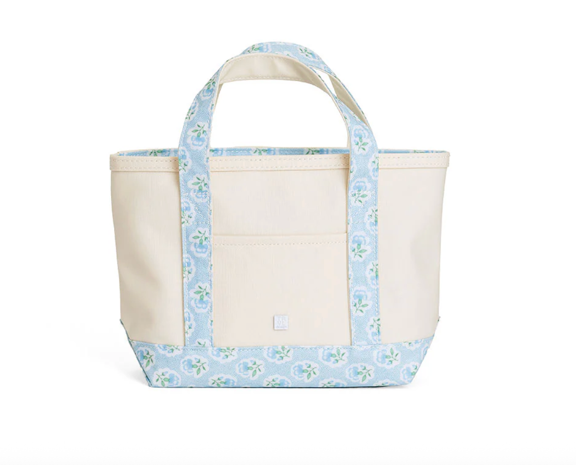 Trvl MINI TOTE - COATED CANVAS NATURAL With Petit Fleur Blue Trim