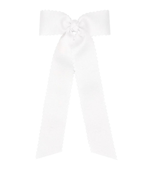 *Preorder White scallopped streamer bow alligator clip