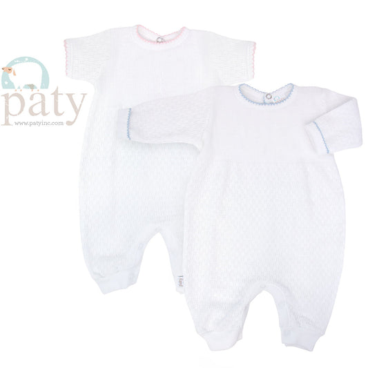 In Stock White Romper with Keyhole Back- (blue trim)