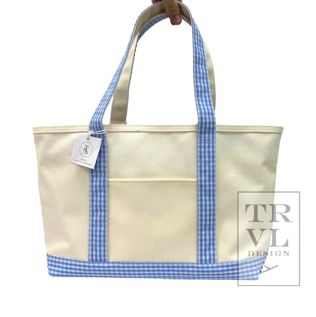 TRVL Medium Tote- Coated Canvas Sky Gingham