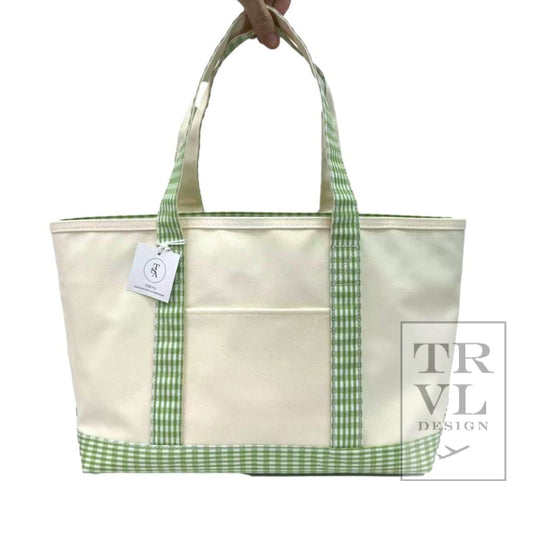 TRVL Medium Tote- Coated Canvas Gingham Leaf