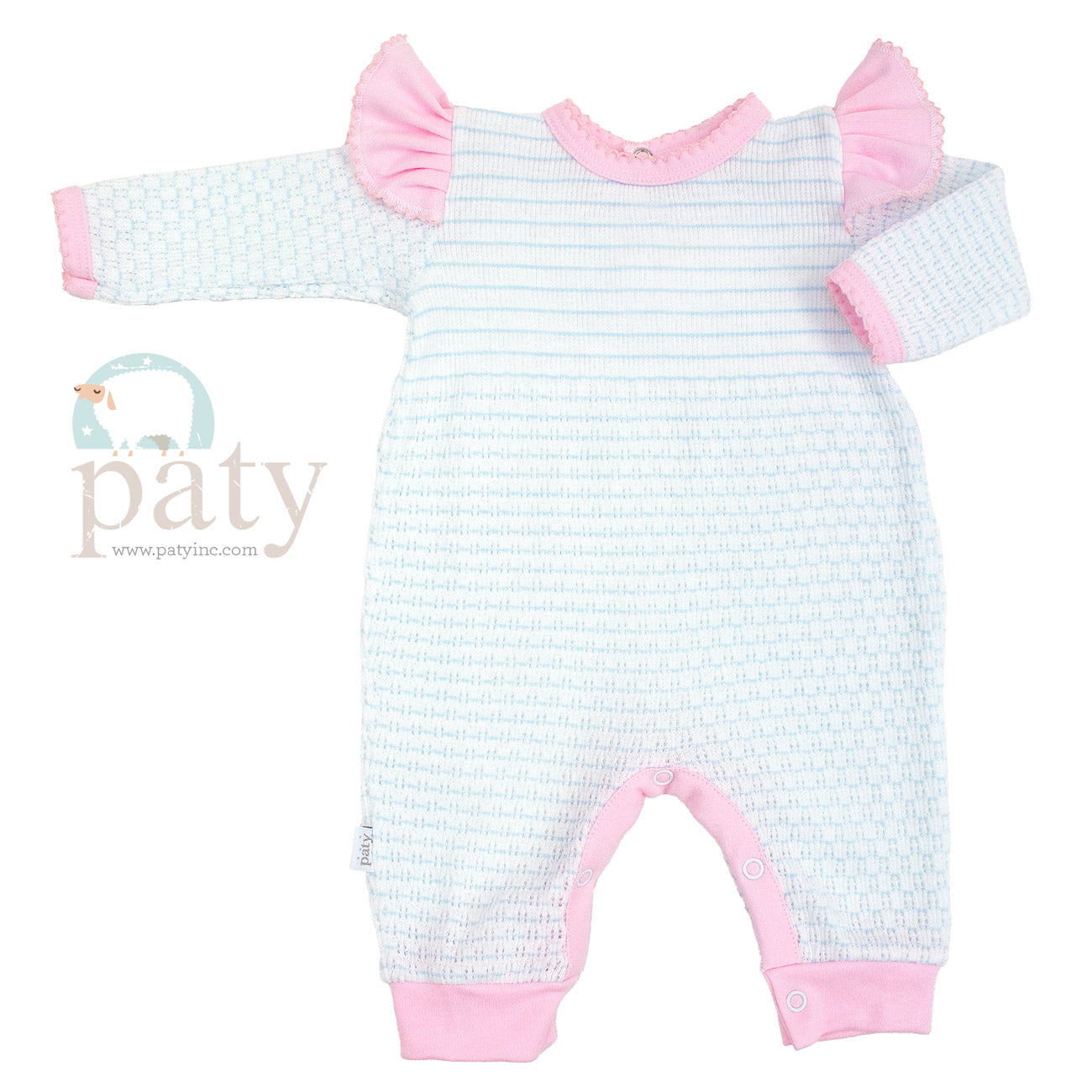 IN STOCK Paty Pinstripe Angel Sleeve Romper w/ Pink Trim