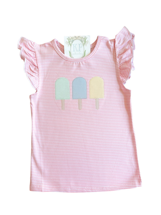 Girls Popsicle Trio Applique Flutter Sleeve Tee (stripes & solids)