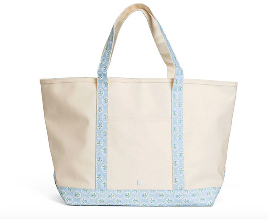 TRVL MAXI TOTE - COATED CANVAS Large NATURAL With Petit Fleur Blue TRIM